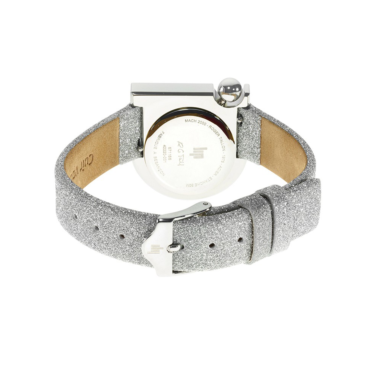 Montre Lip Mach 2000 Mini quartz cadran argenté bracelet cuir argenté pailleté 30 x 28 mm