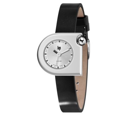 Montre Lip Mach 2000 Mini quartz cadran argenté bracelet cuir noir 30 x 28 mm