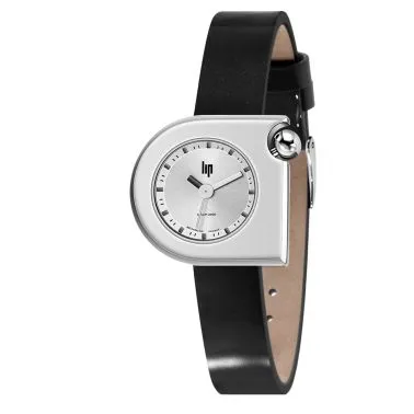 Montre Lip Mach 2000 Mini quartz cadran argenté bracelet cuir noir 30 x 28 mm