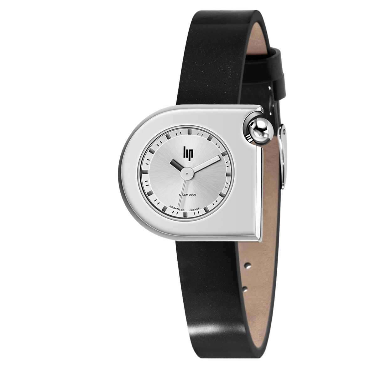 Montre Lip Mach 2000 Mini quartz cadran argenté bracelet cuir noir 30 x 28 mm