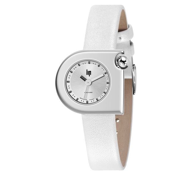 Montre Lip Mach 2000 Mini quartz cadran argenté bracelet cuir blanc 30 x 28 mm