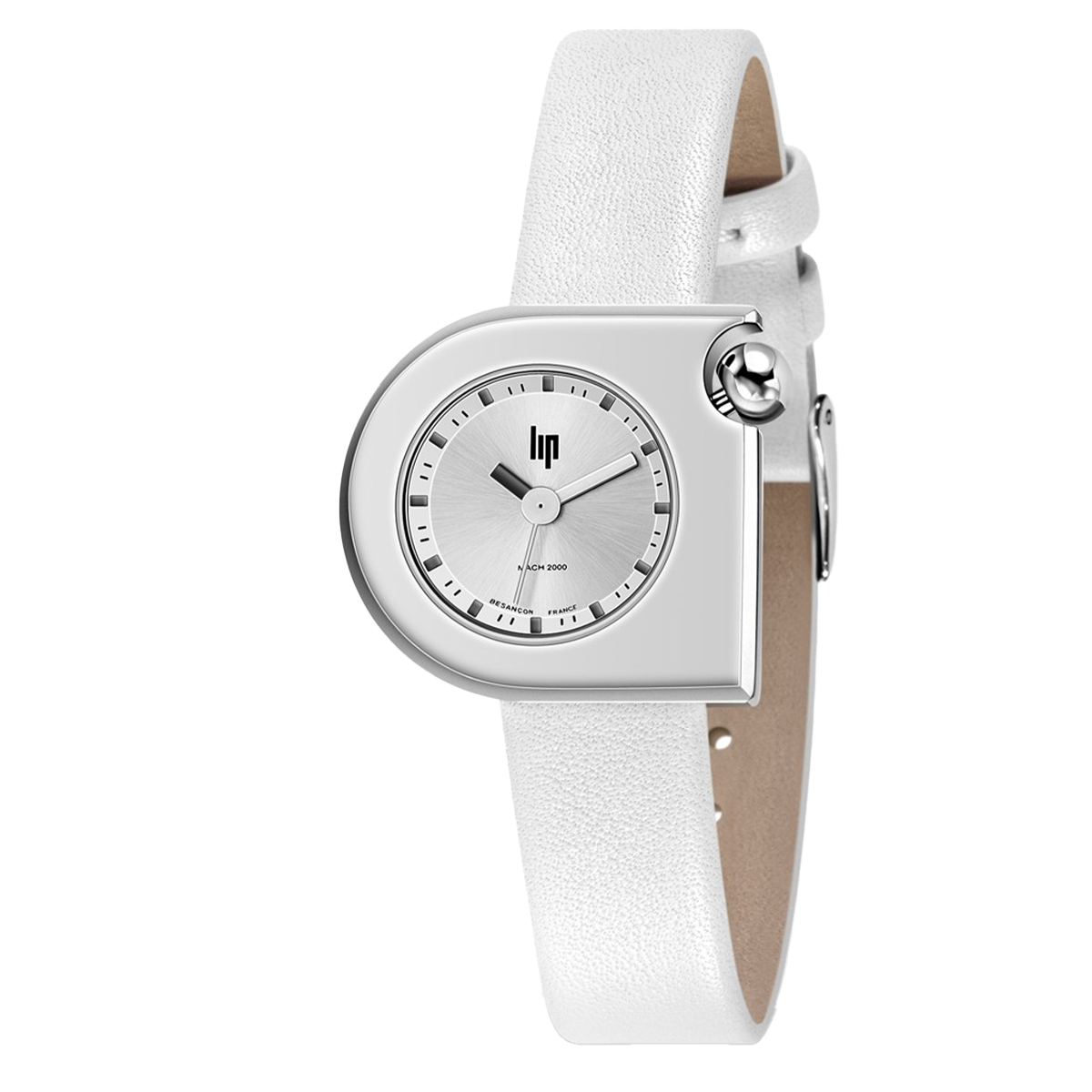 Montre Lip Mach 2000 Mini quartz cadran argenté bracelet cuir blanc 30 x 28 mm