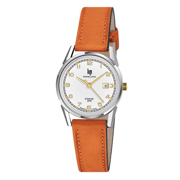 Montre Lip Himalaya quartz cadran argent bracelet cuir orange 29 mm