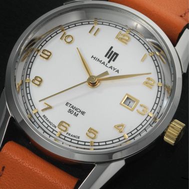 Montre Lip Himalaya quartz cadran argent bracelet cuir orange 29 mm
