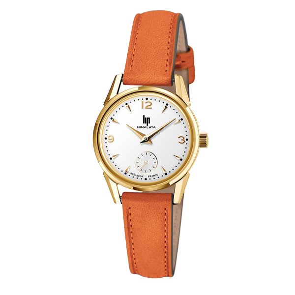 Lip Himalaya quartz PVD yellow gold dial white silvered leather strap orange 29 mm