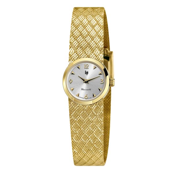 Montre Lip Henriette quartz cadran argent bracelet maille milanaise dorée 22 mm