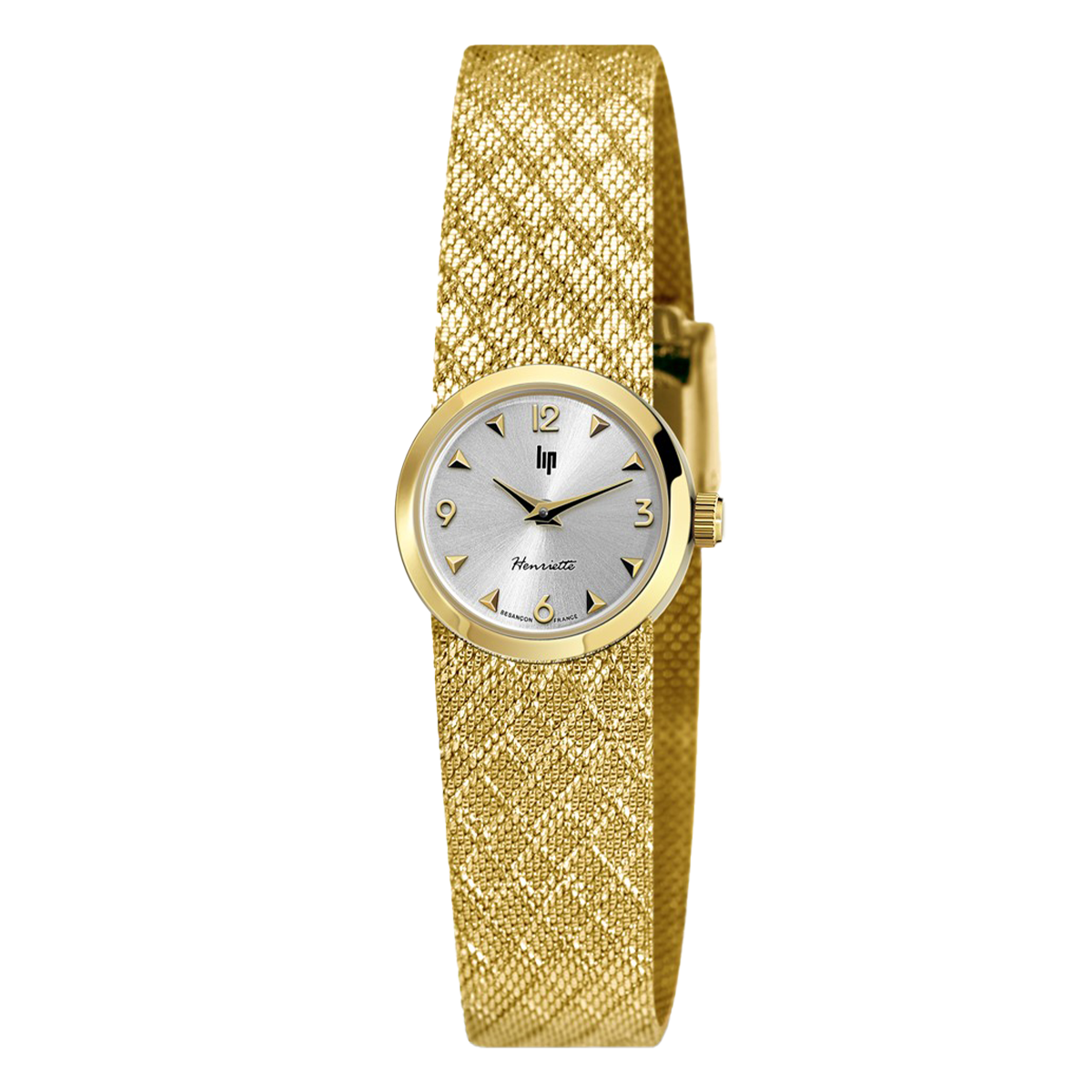 Montre Lip Henriette quartz cadran argent bracelet maille milanaise dorée 22 mm