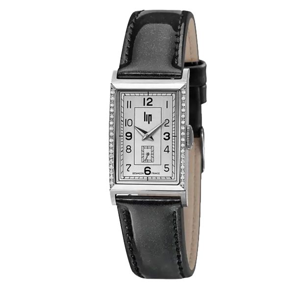 Montre Lip Churchill T18 Diamants quartz cadran argent bracelet cuir noir 39 x 21 mm