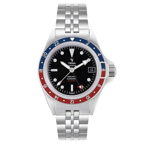 Yema Superman 500 GMT Pepsi automatic watch black dial steel bracelet 39 mm YGMT22B39-AMS