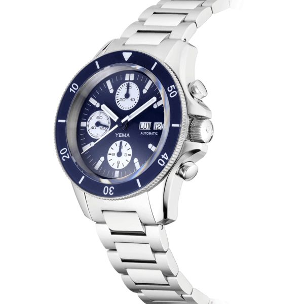 Montre Yema Navygraf Chrono automatique indicateur jour français cadran bleu bracelet acier 40 mm YNAV22CH.FR-GMS