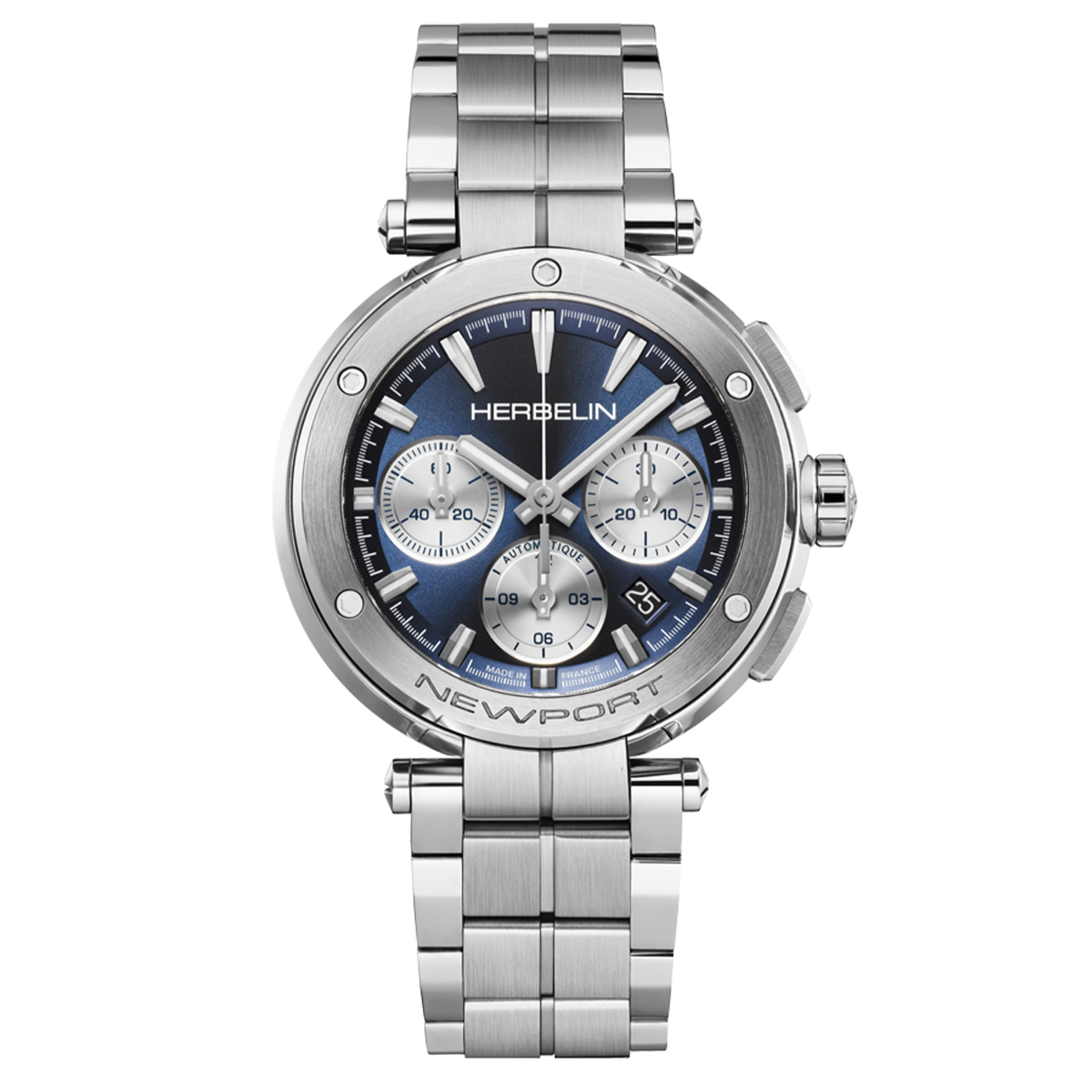 Montre Herbelin Newport Chronographe automatique cadran bleu bracelet acier 43,5 mm