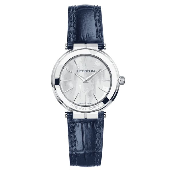 Montre Michel Herbelin Newport Slim quartz cadran nacre blanche bracelet cuir bleu 32 mm