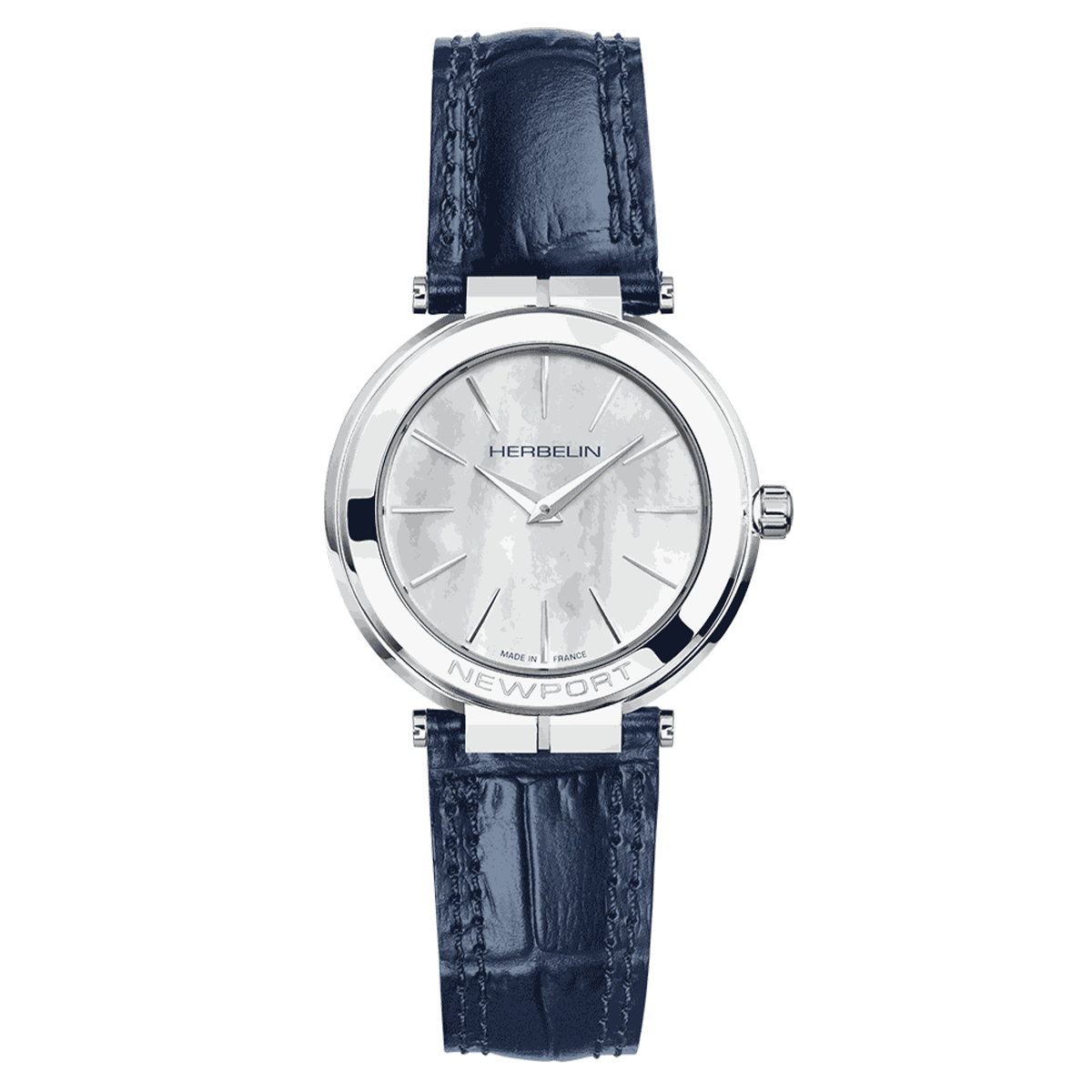 Michel Herbelin Newport Slim quartz white mother of pearl dial blue leather strap 32 mm