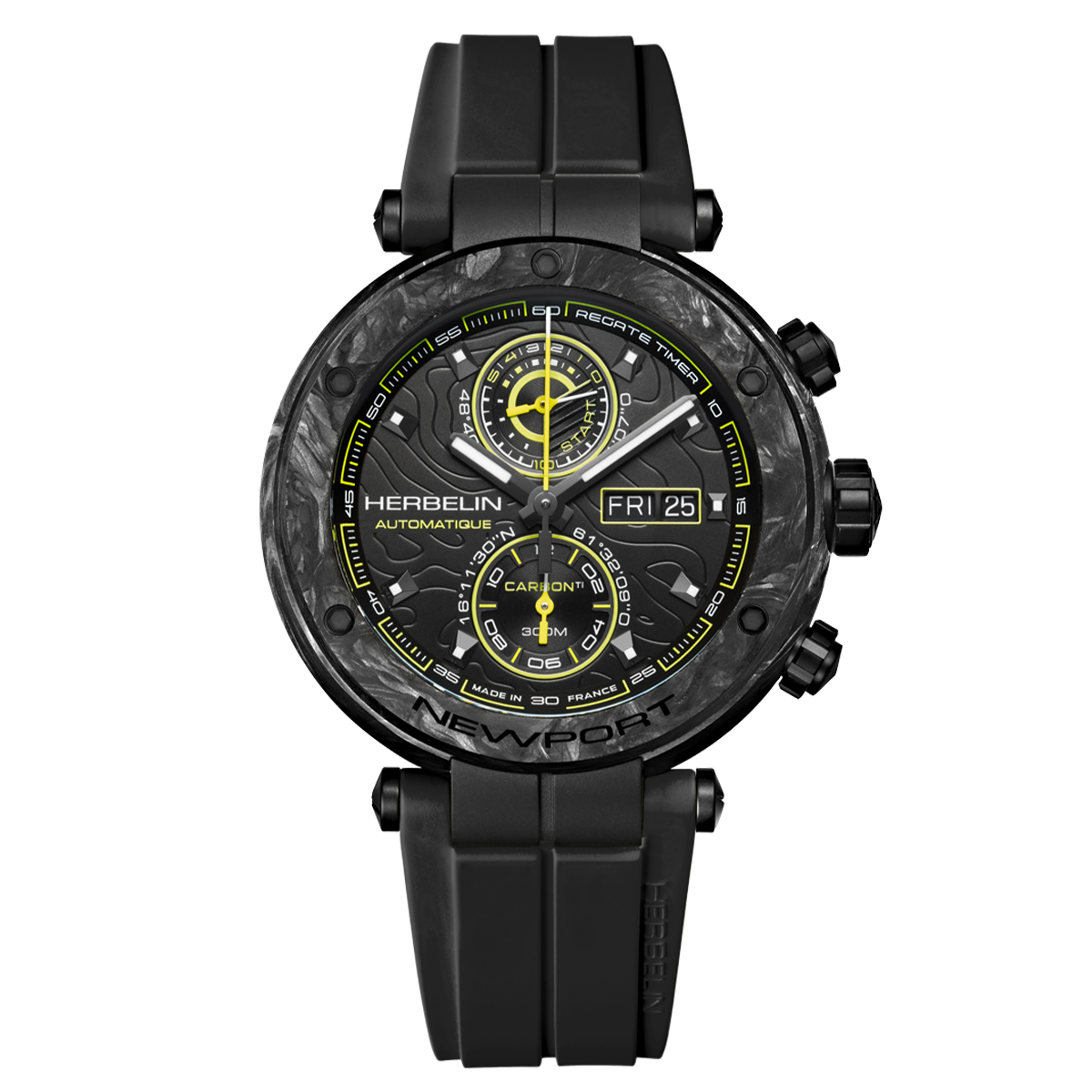Montre Herbelin Newport Carbon Titane automatique cadran noir bracelet caoutchouc noir 46,5 mm