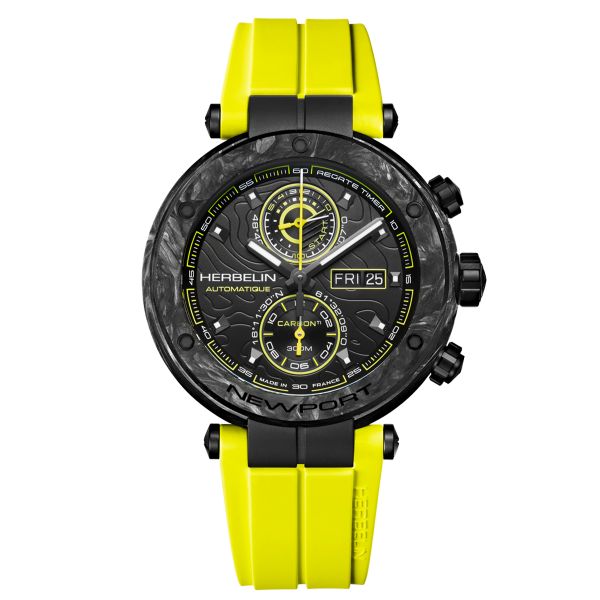 Montre Herbelin Newport Carbon Titane automatique cadran noir bracelet caoutchouc jaune 46,5 mm