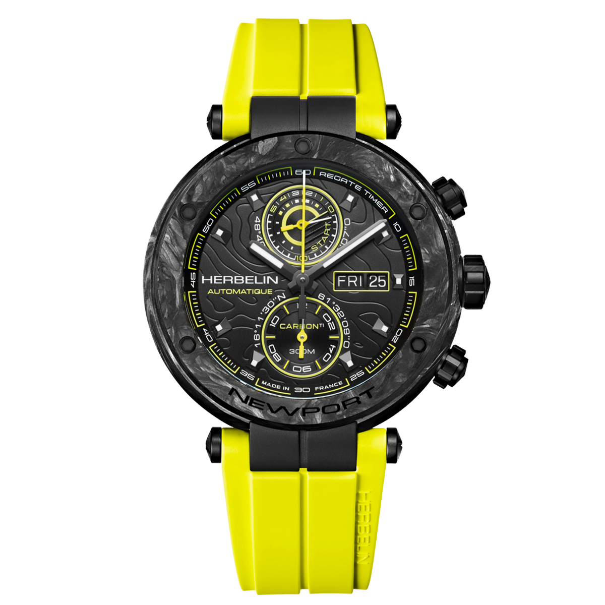 Montre Herbelin Newport Carbon Titane automatique cadran noir bracelet caoutchouc jaune 46,5 mm