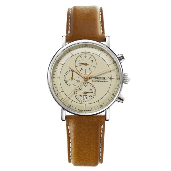 Montre Herbelin Inspiration Chronographe quartz cadran coquille d'oeuf bracelet cuir 40 mm