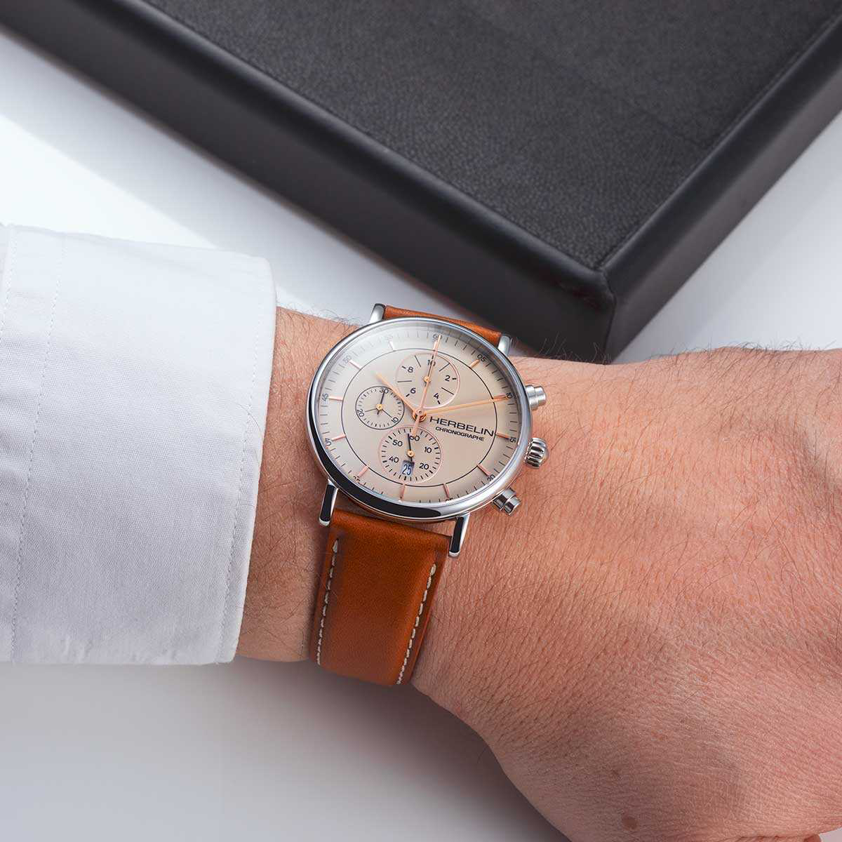 Herbelin Inspiration Chronograph quartz eggshell dial leather strap 40 mm