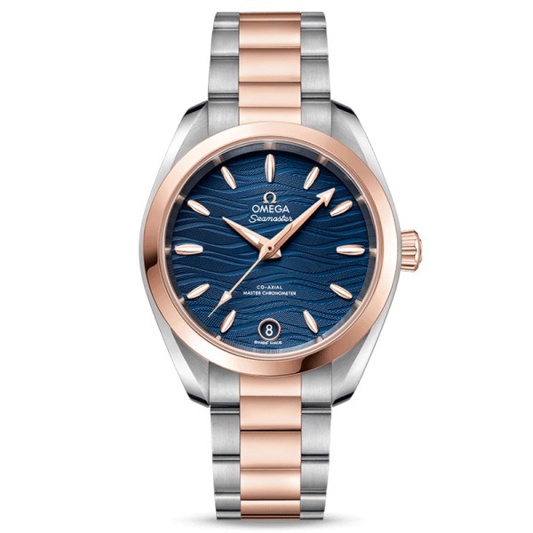 Montre Omega Seamaster Aqua Terra 150m Ladies Co-Axial Master Chronometer cadran bleu bracelet or rouge et acier 34 mm