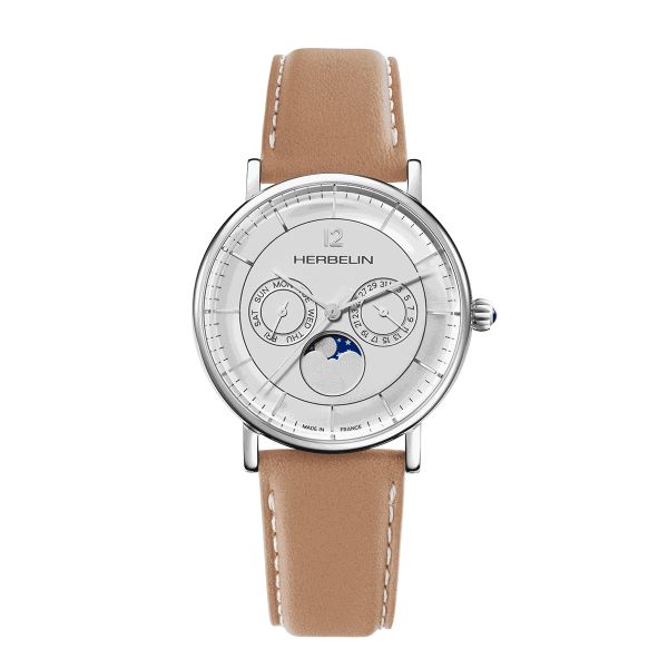 Montre Herbelin Inspiration quartz phase de lune cadran argenté bracelet cuir 38 mm