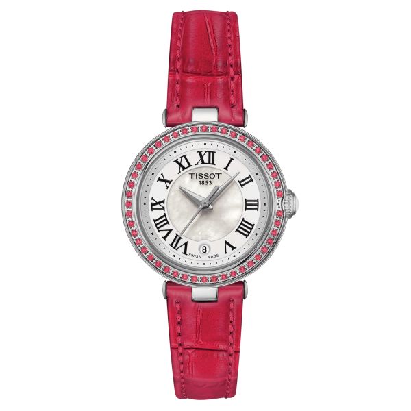Tissot Bellissima Small Lady quartz watch bezel set with white mother-of-pearl dial red leather strap 26 mm T126.010.66.113.00