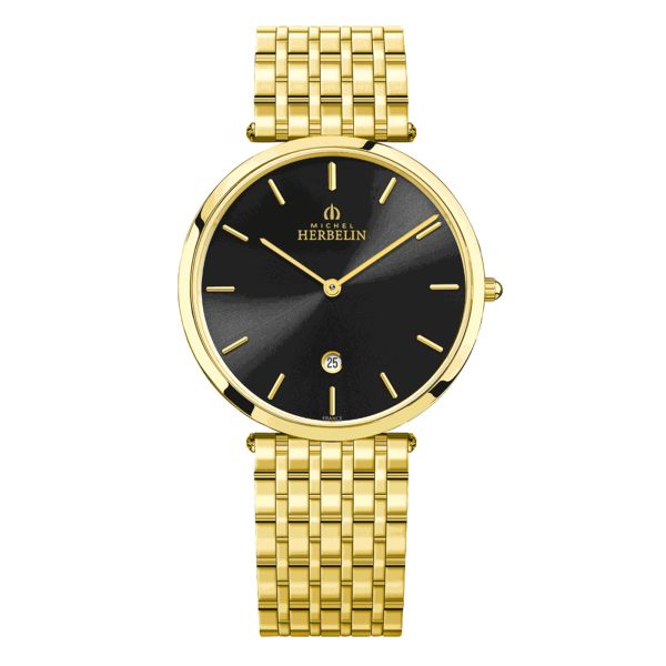 Michel Herbelin Epsilon PVD Yellow gold quartz black dial steel bracelet 38 mm