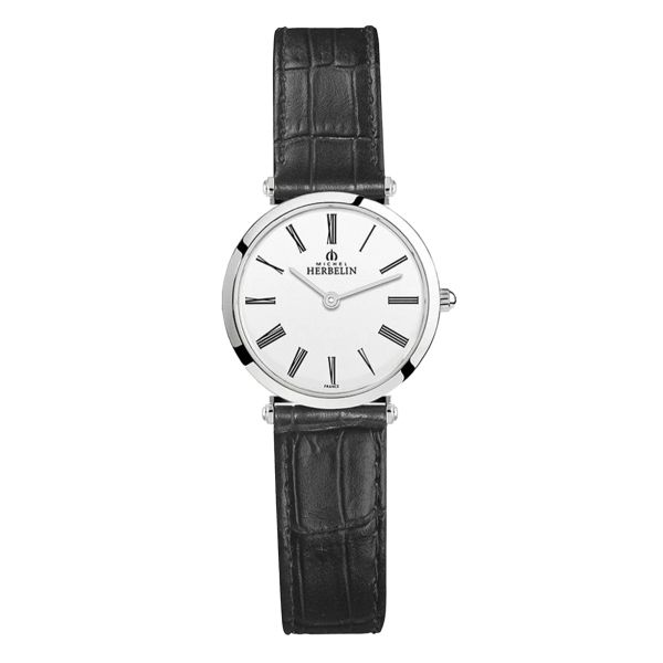Montre Michel Herbelin Epsilon quartz cadran blanc bracelet cuir noir 28 mm