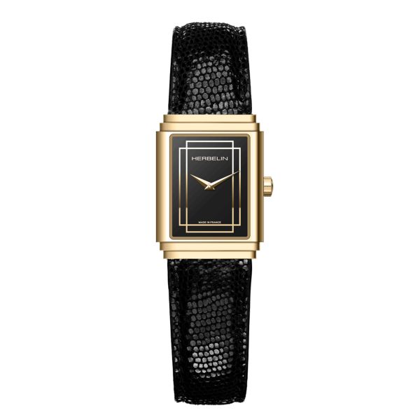 Montre Herbelin Art Déco 1925 quartz PVD Or Jaune cadran noir bracelet cuir noir 29,5 x 22 mm