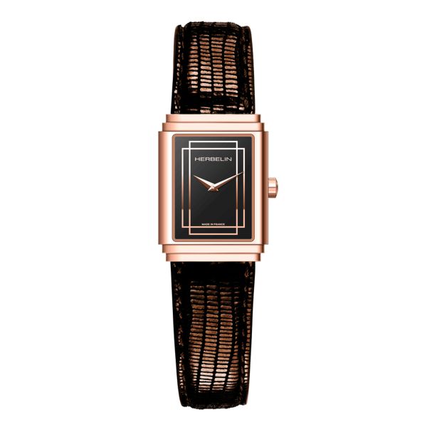 Herbelin Art Déco 1925 quartz PVD Rose Gold black dial brown leather strap 29,5 x 22 mm