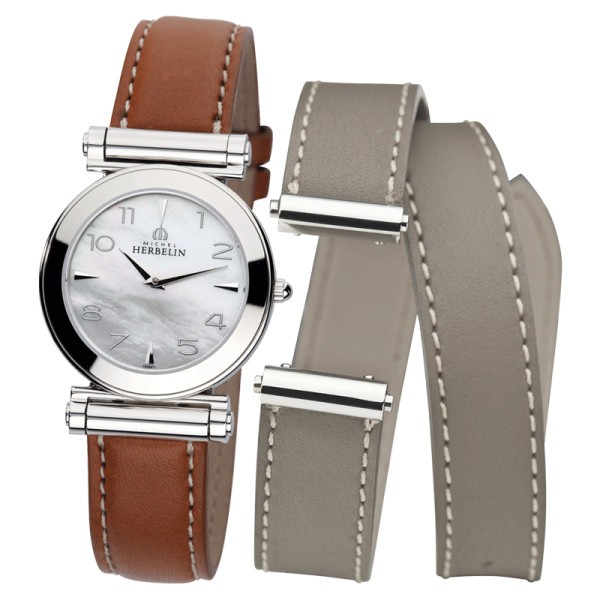 Montre Michel Herbelin Coffret Antarès quartz cadran nacre chiffres arabes bracelets cuir brun et gris 29 mm