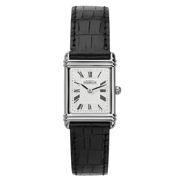 Michel Herbelin Art Deco quartz watch silver dial index Roman numerals black leather strap 20,30 x 24,40 mm