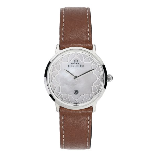 Michel Herbelin City quartz watch white mother-of-pearl dial brown leather strap 30,50 mm