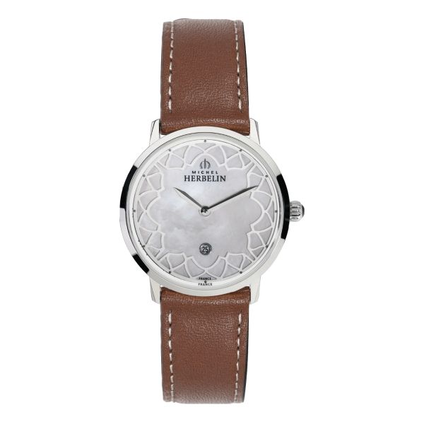 Montre Michel Herbelin City quartz cadran nacre blanche bracelet cuir brun 30,50 mm