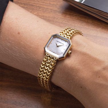 Herbelin Octogone quartz PVD Yellow Gold pearly dial steel bracelet 22,2 mm