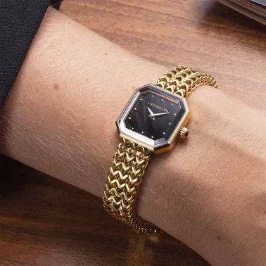 Montre Herbelin Octogone quartz PVD Or Jaune cadran nacre noire bracelet acier 22,2 mm