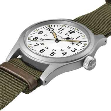 Montre Hamilton Khaki Field Mechanical cadran blanc bracelet nato kaki 38 mm H69439411