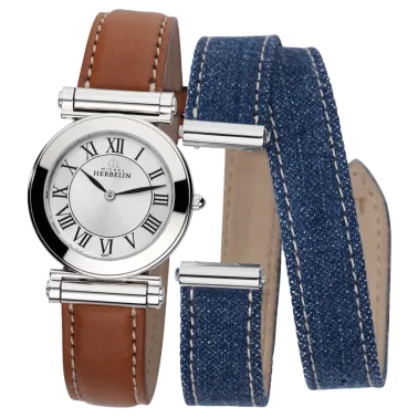Montre Michel Herbelin Coffret Antarès quartz cadran argent chiffres romains bracelets cuir brun et effet denim 29 mm