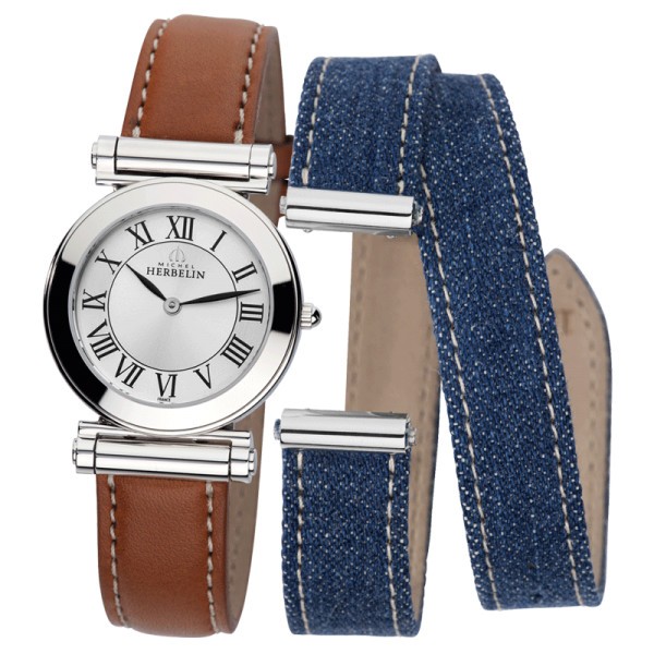 Montre Michel Herbelin Coffret Antarès quartz cadran argent chiffres romains bracelets cuir brun et effet denim 29 mm