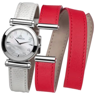 Montre Michel Herbelin Coffret Antarès quartz cadran nacre bracelets cuir blanc et rouge 29 mm