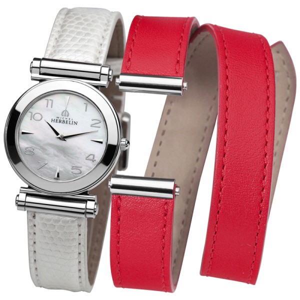 Montre Michel Herbelin Coffret Antarès quartz cadran nacre bracelets cuir blanc et rouge 29 mm