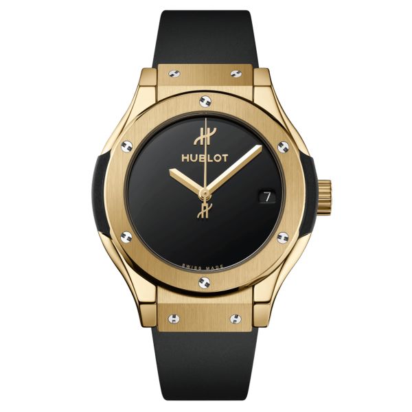 Hublot Classic Fusion Original Yellow Gold quartz watch black dial black rubber strap 33 mm 581.VX.1230.RX.MDM