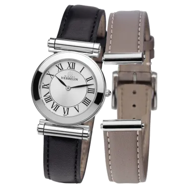 Montre Michel Herbelin Coffret Antarès quartz cadran argent bracelets cuir noir et gris 29 mm