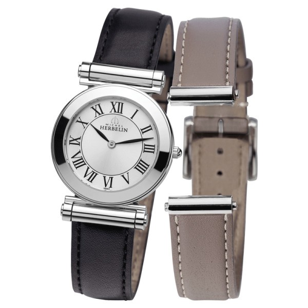 Montre Michel Herbelin Coffret Antarès quartz cadran argent bracelets cuir noir et gris 29 mm