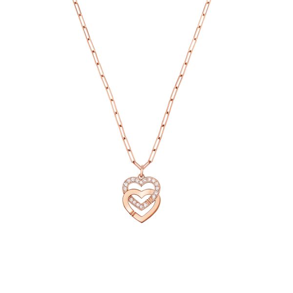 Collier dinh van Double Coeurs R15 en or rose et demi-pavage diamants 745315