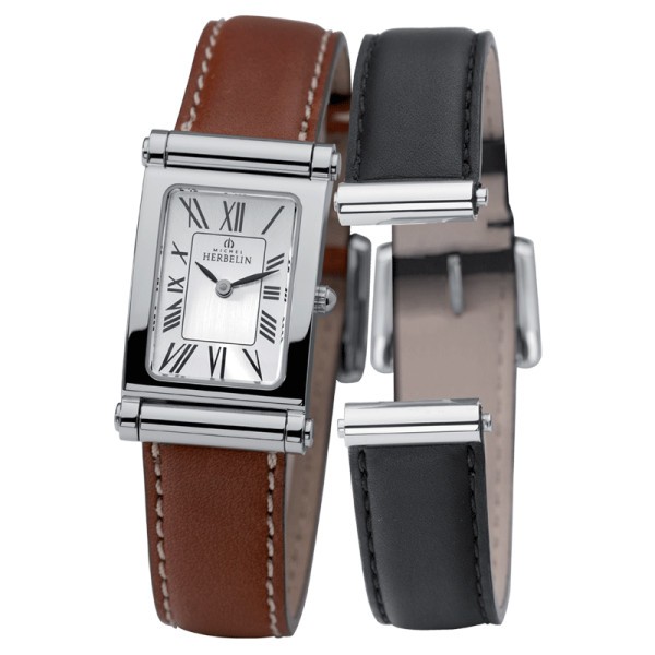 Montre Michel Herbelin Coffret Antarès quartz cadran argent chiffres romains bracelets cuir brun et noir