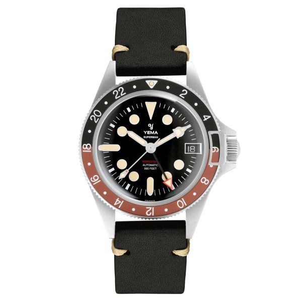 Yema Superman Worldtime GMT Coke automatic watch black dial black vintage leather strap 39 mm YGMT21B39-CAS