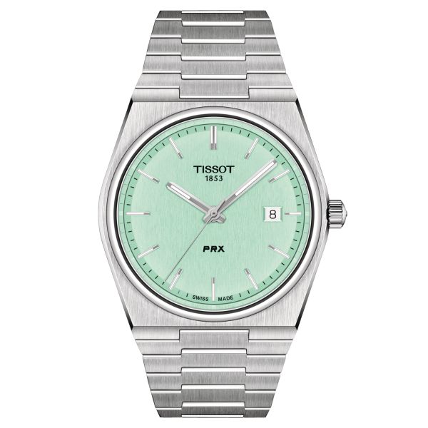 Tissot PRX quartz watch light green dial steel bracelet 40 mm T137.410.11.091.01
