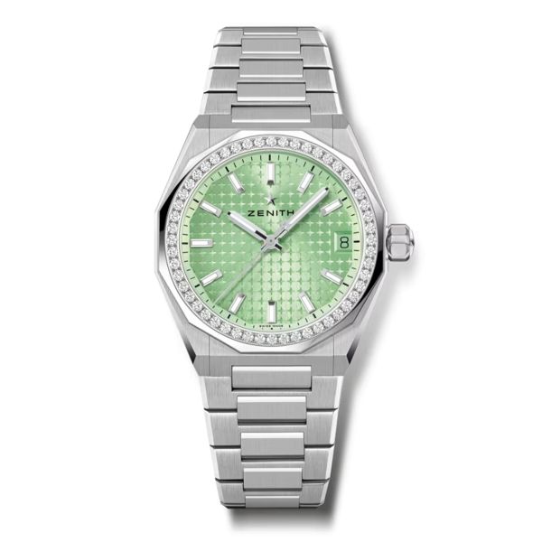 Montre Zenith Defy Skyline automatique cadran vert pastel sertie diamant bracelet acier 36 mm