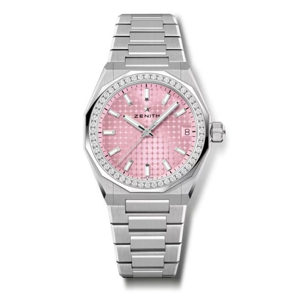 Montre Zenith Defy Skyline automatique cadran rose pastel sertie diamant bracelet acier 36 mm