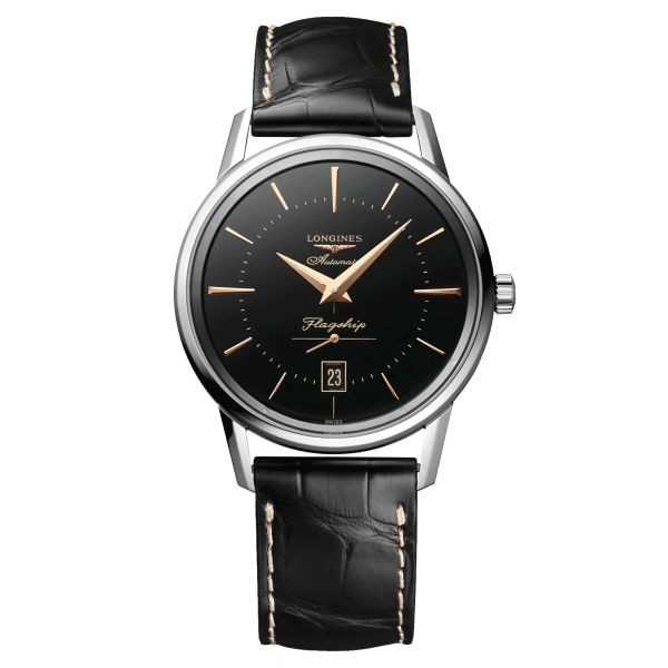 Longines Flagship Heritage automatic watch black dial black alligator strap 38.50 mm